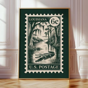 Louisiana Bayou Alligator Print, Vintage Postage Poster, State Stamp Illustration, Retro American Wall Art, Travel Home Decor
