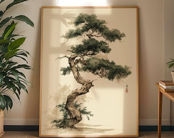 Japanese Pine Tree Poster, Japandi Botanical Painting, Zen Nature Decor, Serene Minimalist Landscape