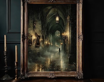 Gothic Cathedral Print, Dark Academia Art, Medieval Architecture Poster, Victorian Candlelit Atmospheric Religious Decor