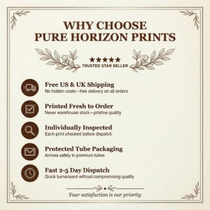 K&ouml;nnte beinhalten: Cremefarbene Grafik mit dem Text "WHY CHOOSE PURE HORIZON PRINTS" und Symbolen, die Versand, Qualit&auml;t und Verpackung hervorheben. Der Text "TRUSTED STAR SELLER" ist ebenfalls vorhanden. Der untere Teil lautet "Your satisfaction is our priority."