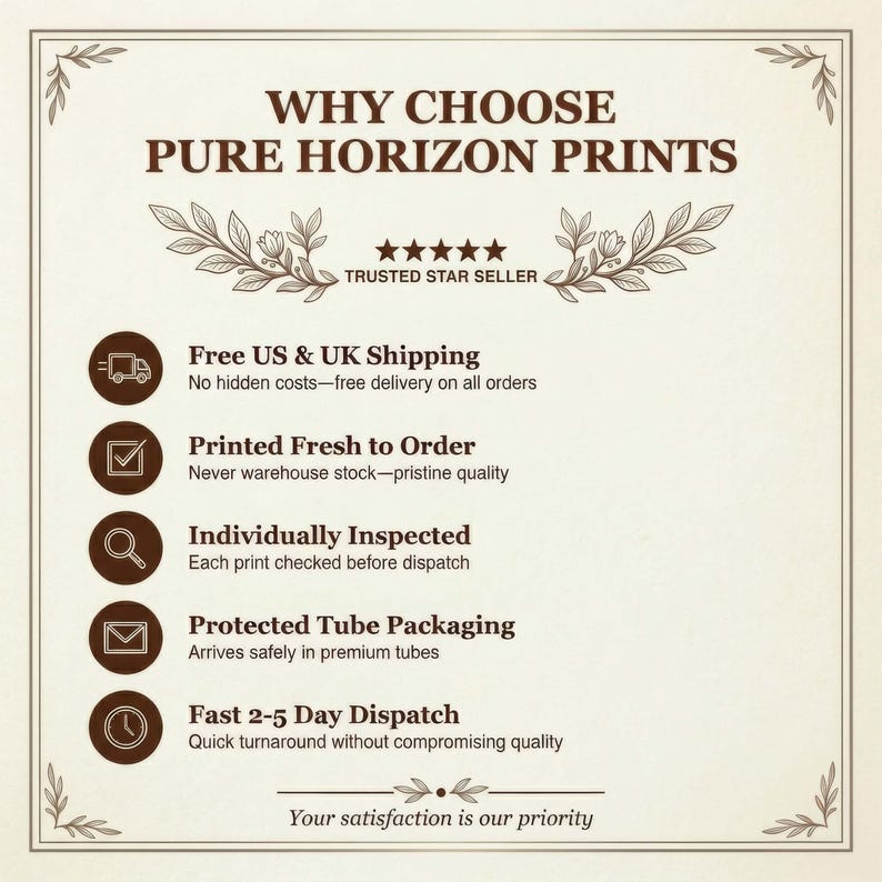 K&ouml;nnte beinhalten: Cremefarbene Grafik mit dem Text "WHY CHOOSE PURE HORIZON PRINTS" und Symbolen, die Versand, Qualit&auml;t und Verpackung hervorheben. Der Text "TRUSTED STAR SELLER" ist ebenfalls vorhanden. Der untere Teil lautet "Your satisfaction is our priority."