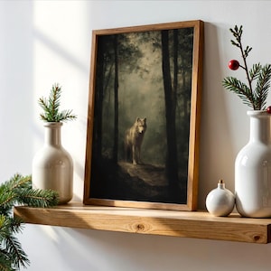 Wolf painting showing a lone gray wolf standing on a forest path surrounded by tall trees and soft fog, rendered in a muted, painterly style. This forest animal art blends dark academia art and moody landscape tones with cottagecore painting influence, creating a calm woodland atmosphere suited for boho woodland prints, rustic lodge art, cabin wall art, and forest art print collections.