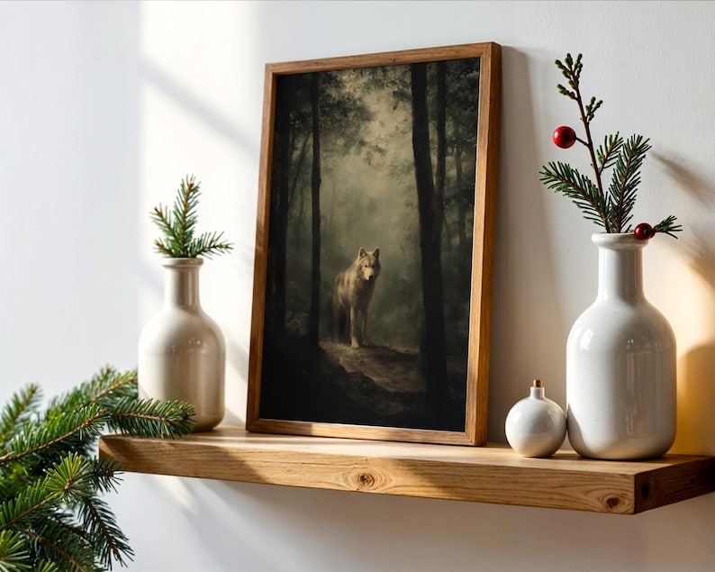 Wolf painting showing a lone gray wolf standing on a forest path surrounded by tall trees and soft fog, rendered in a muted, painterly style. This forest animal art blends dark academia art and moody landscape tones with cottagecore painting influence, creating a calm woodland atmosphere suited for boho woodland prints, rustic lodge art, cabin wall art, and forest art print collections.