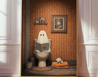 Ghost Toilet Print, Spooky Bathroom Poster, Funny Restroom Decor, Halloween Haunted Dog Humor Art