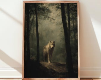 Wolf Painting Forest Animal Art: Dark Academia Moody Woodland Print, Rustic Lodge Decor