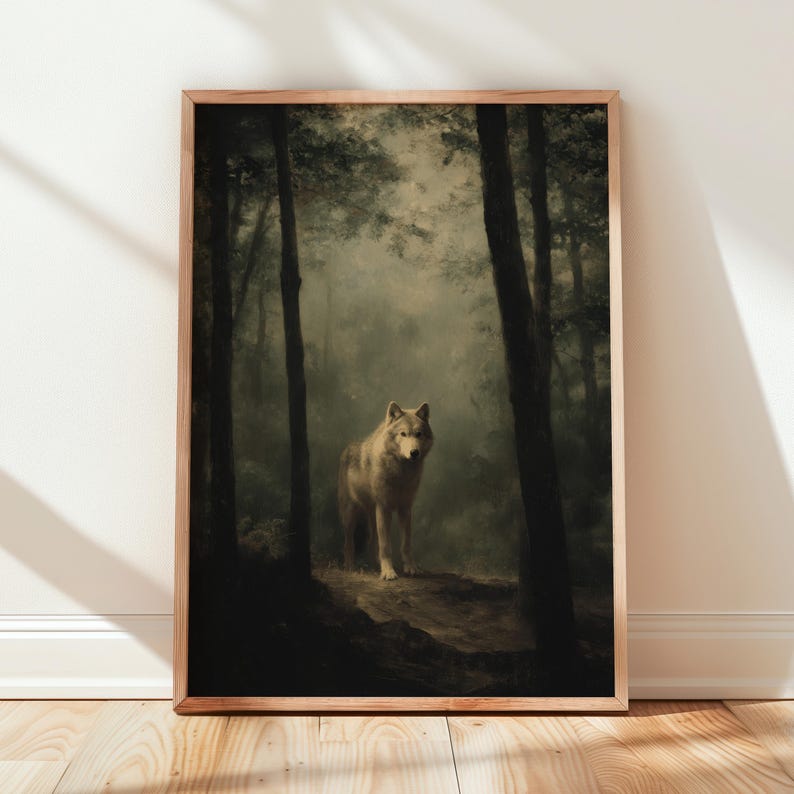 Wolf painting showing a lone gray wolf standing on a forest path surrounded by tall trees and soft fog, rendered in a muted, painterly style. This forest animal art blends dark academia art and moody landscape tones with cottagecore painting influence, creating a calm woodland atmosphere suited for boho woodland prints, rustic lodge art, cabin wall art, and forest art print collections.