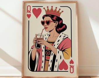 Queen of Hearts Poster – Retro Playing Card Print, Funky Pop Art