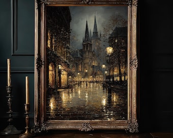 Gothic Cathedral Wall Art, Victorian Rainy Street Print, Moody European Cityscape, Gaslight Architecture Decor