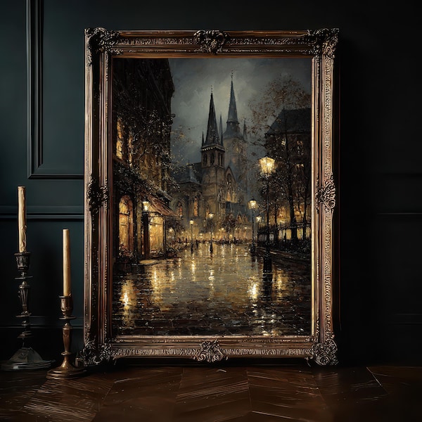 Gothic Cathedral Wall Art, Victorian Rainy Street Print, Moody European Cityscape, Gaslight Architecture Decor