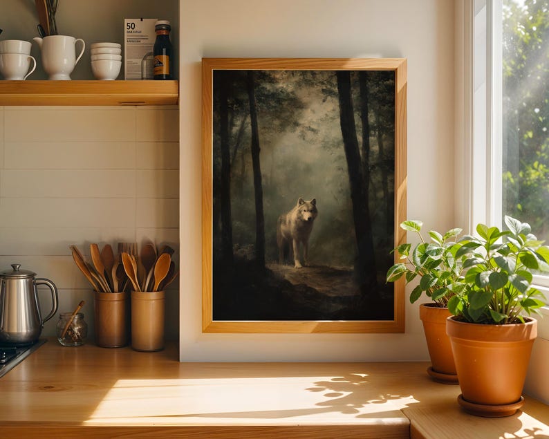 Wolf painting showing a lone gray wolf standing on a forest path surrounded by tall trees and soft fog, rendered in a muted, painterly style. This forest animal art blends dark academia art and moody landscape tones with cottagecore painting influence, creating a calm woodland atmosphere suited for boho woodland prints, rustic lodge art, cabin wall art, and forest art print collections.