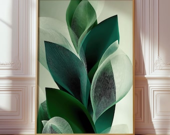 May include: A vertical rectangular wall art print in a light wood frame featuring an abstract botanical illustration of layered, overlapping leaves in deep forest green and translucent pale mint green with fine, delicate white line textures.