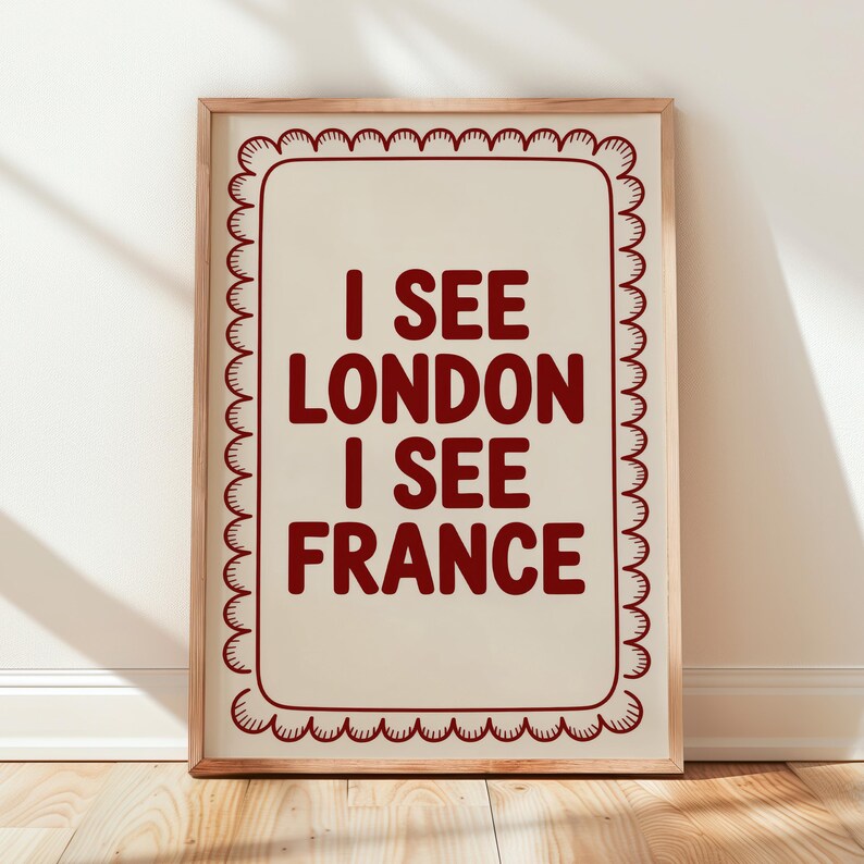 Funny Bathroom Sign Poster: “I See London I See France” Toilet Humor Print Red
