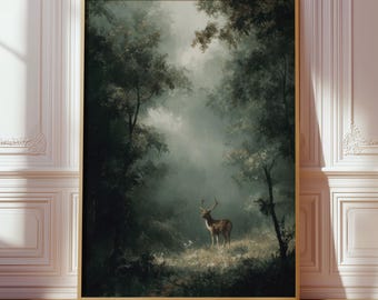 Deer Painting Print, Misty Forest Poster, Dark Cottagecore Decor, Rustic Woodland Scene