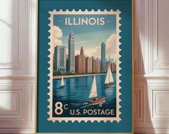 Illinois Lakefront Skyline Stamp Print, Vintage American Travel Poster, Chicago Wall Art