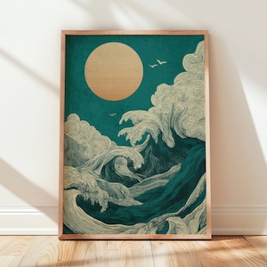 Print wall art featuring stylized Japanese ocean waves beneath a large cream sun in a minimalist Japandi-inspired composition with flowing linework and teal coastal tones. Deep teal water, ivory wave patterns, textured graphic details, and balanced negative space create a calm contemporary atmosphere ideal for zen interiors, coastal decor, minimalist living rooms, modern bedrooms, and Scandinavian-inspired spaces.
