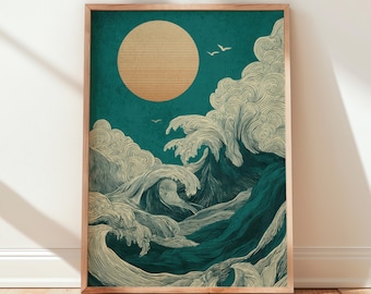 Japanese Wave Print, Minimal Ocean Sun Poster, Contemporary Japandi Coastal Decor Artwork
