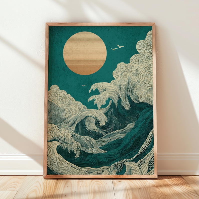 Print wall art featuring stylized Japanese ocean waves beneath a large cream sun in a minimalist Japandi-inspired composition with flowing linework and teal coastal tones. Deep teal water, ivory wave patterns, textured graphic details, and balanced negative space create a calm contemporary atmosphere ideal for zen interiors, coastal decor, minimalist living rooms, modern bedrooms, and Scandinavian-inspired spaces.