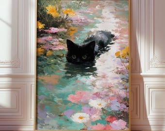 Cat Lily Pond Print, Impressionist Feline Poster, Colorful Whimsical Floral Home Decor