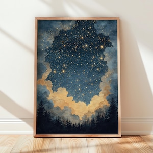 Golden Starfield Watercolor, Constellation Cloudscape, Star Map Sky, Pine Forest Silhouette, Celestial Galaxy Art