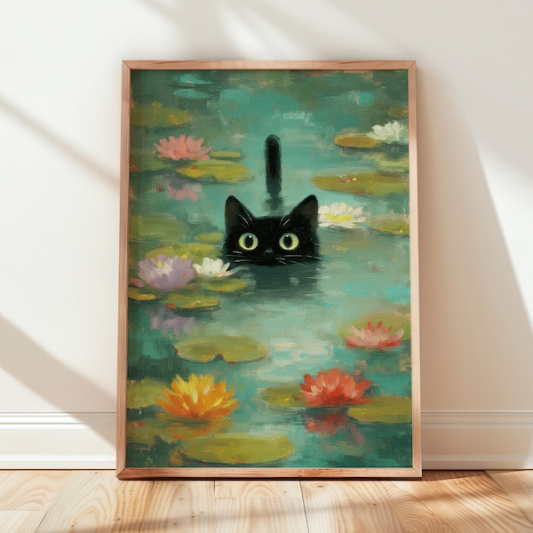 Floating Cat Art Print: Impressionist Feline Water Lily Pond Parody, Kitty Wall Decor