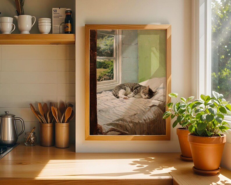 Sleeping Tabby Cat Wall Art Painting: Minimalist Fine Poster Print - Etsy