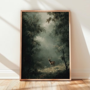 Dark Cottagecore Deer Painting Print: Moody Gallery Wall Art, Rustic Gothic Poster