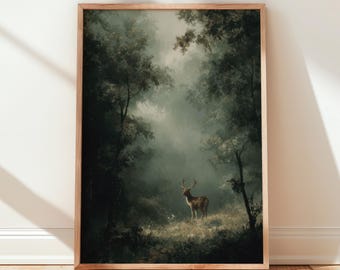Dark Cottagecore Deer Painting Print: Moody Gallery Wall Art, Rustic Gothic Poster