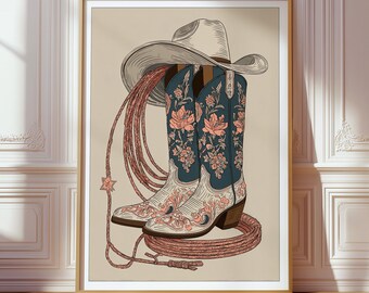 Floral Cowgirl Boots Print, Boho Western Poster, Coastal Cowgirl Decor, Western Ranch Farmhouse Art