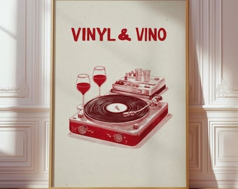Wine And Vinyl Print, Record Player Poster, Retro Music Bar Nostalgia Decor