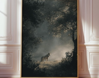 Lone Wolf Print, Misty Forest Wall Art, Dark Woodland Poster, Moody Night Wildlife Landscape, Rustic Cabin Decor