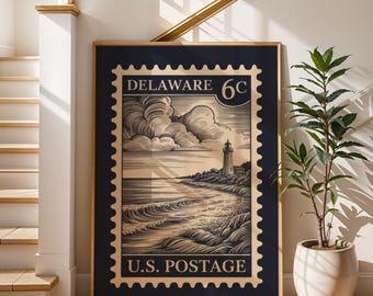 Delaware Retro Travel Art: Vintage Stamp Print, Coastal Lighthouse Illustration, Americana Wall Decor