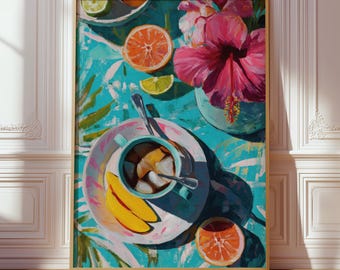 Mediterrane caféprint, kleurrijke keukenposter, ontbijtdecor, Europese koffiebarkunst