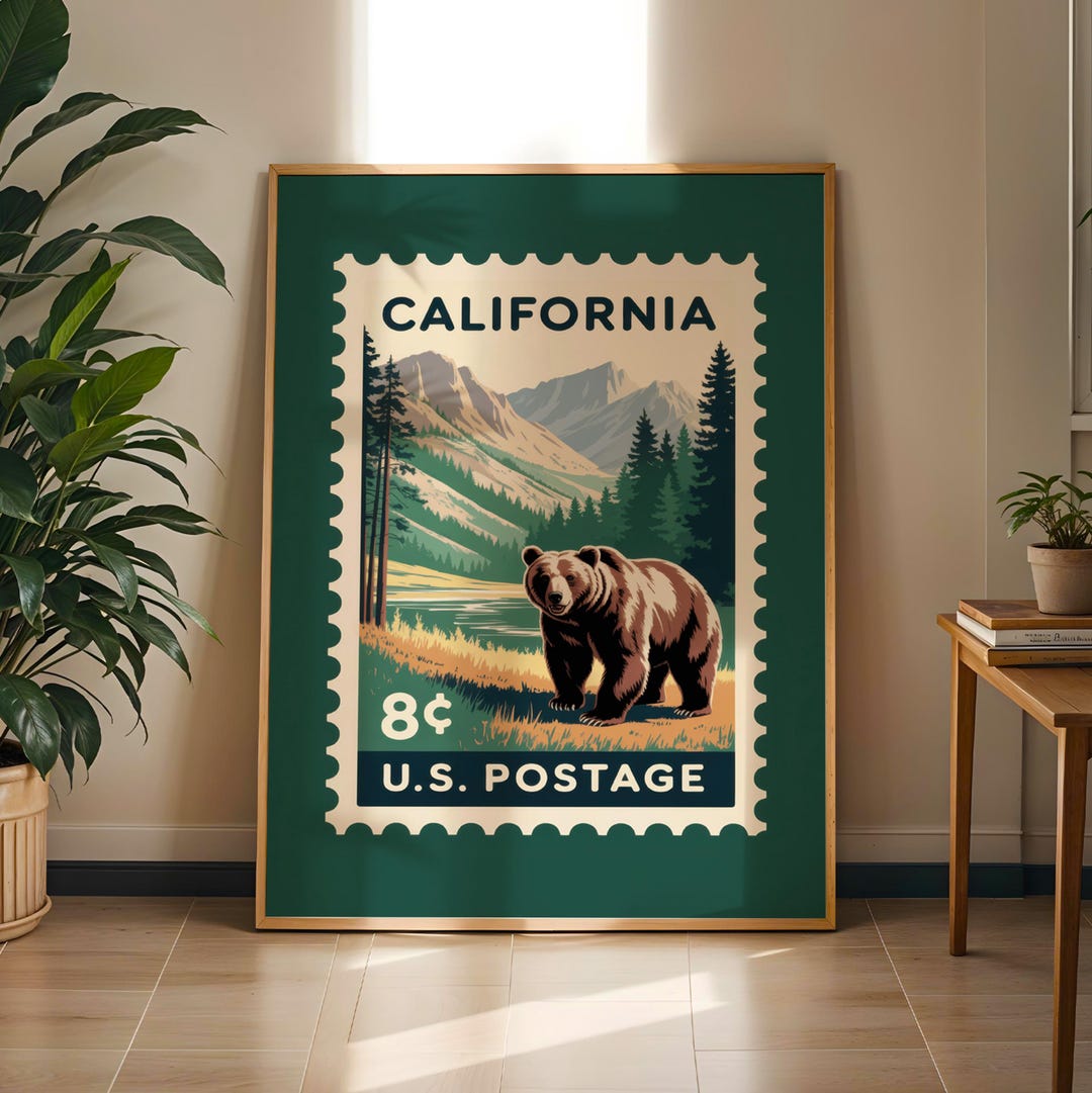California State Postage Stamp Print: Vintage Bear Landscape, Retro ...