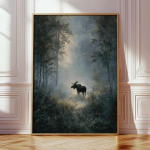 Moose in Forest Clearing Print, Nordic Wildlife Poster, Moody Woodland Wall Art