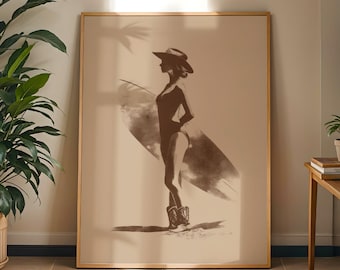 Stampa con silhouette di cowgirl costiera, poster con tavola da surf, arredamento western minimalista, stile casa al mare