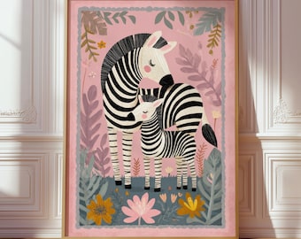 Zebra Mother and Baby Print, Floral Nursery Poster, Kids Animal Wall Art