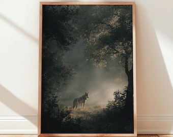 Impression d'art Wolf Forêt brumeuse : décoration murale animal sauvage canin, paysage boisé sombre Academia Cottagecore