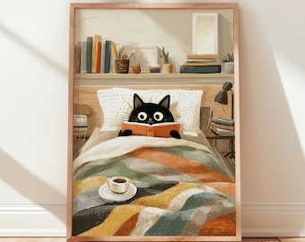 Black Cat Reading Print, Cozy Bookworm Bedroom Poster, Whimsical Literary Nook Decor