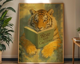 Tiger Reading Poster, Motivational Library Print, Bookworm Classroom Decor, Literary Study Art