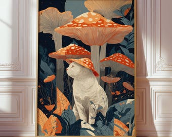 White Cat Mushroom Print, Whimsical Woodland Poster, Fantasy Feline Art, Storybook Forest Decor