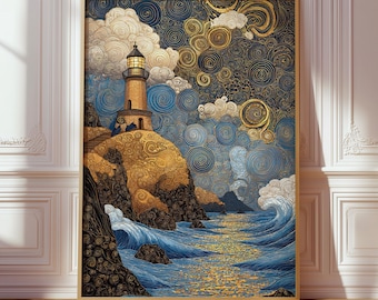 Golden Lighthouse Seascape Print, Gustav Klimt Inspired Poster, Ornamental Coastal Wall Art