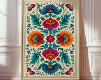 Op de afbeelding: Een rechthoekige wandkunstprint met een symmetrisch bloemenpatroon op een crèmekleurige achtergrond. Het ontwerp bevat grote blauwe, oranje en magentakleurige bloemen, groenblauwe bladeren en kleine vlinders in de hoeken, alles omrand.