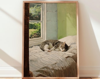 Sleeping Tabby Cat Wall Art Painting: Minimalist Fine Poster Print