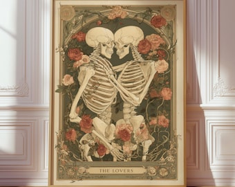 Skeleton Lovers Tarot Print, Gothic Romance Poster, Dark Academia Bedroom Wall Decor