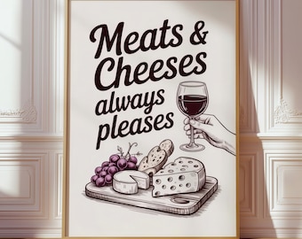 Charcuterie Cheese Board Print, Retro Food Poster, Funny Wine Kitchen Decor, Dining Room Art