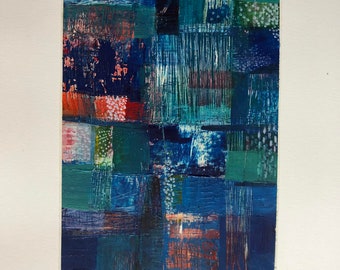 Original signed abstract art on A3 paper. Unframed original artwork. Blue abstract painting. Mixed media collage art.