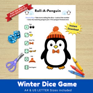 Op de afbeelding: Een printbaar "Roll-A-Penguin" winter dobbelspel. De afbeelding toont een pinguïn illustratie, dobbelstenen en instructies. Kleurpotloden, een schaar en dobbelstenen zijn ook zichtbaar. De tekst luidt "Winter Dice Game" en "Instant Download".
