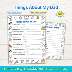 Puede incluir: Una hoja de actividades imprimible para el Día del Padre titulada "Things About My Dad". La hoja incluye indicaciones para completar sobre el nombre, la edad, el trabajo y las cosas favoritas de un padre. El diseño es en blanco y negro con acentos coloridos.
