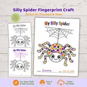 May include: A printable craft activity sheet titled My Silly Spider featuring a spider illustration with a web. The spider body is designed to be filled with colorful fingerprints. The sheet includes lines for a name and date, Oct. 31, 2026.