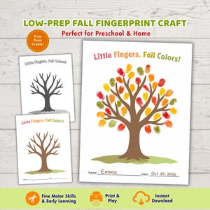 May include: A printable craft activity sheet titled Little Fingers, Fall Colors featuring a brown tree trunk on a green patch. The tree branches are decorated with colorful fingerprint leaves in red, orange, yellow, and green. Includes a name and date line.